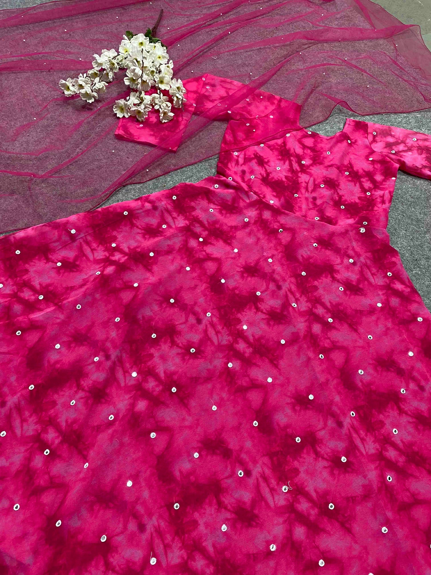 amazing pink blooming fox georgette digital print with pearl work gown set