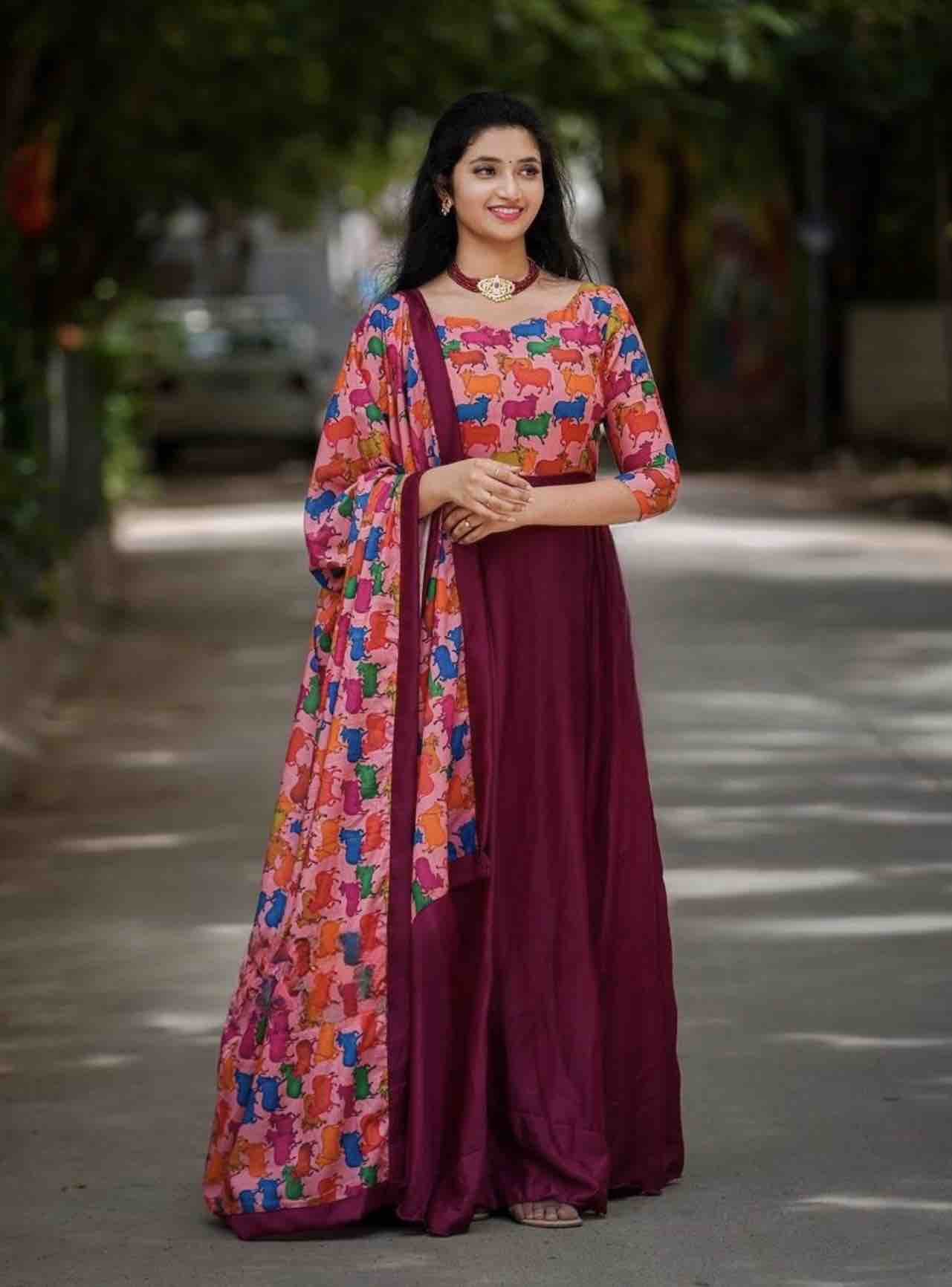 amazing wine colour blooming fox georgette digital print with pearl work gown set