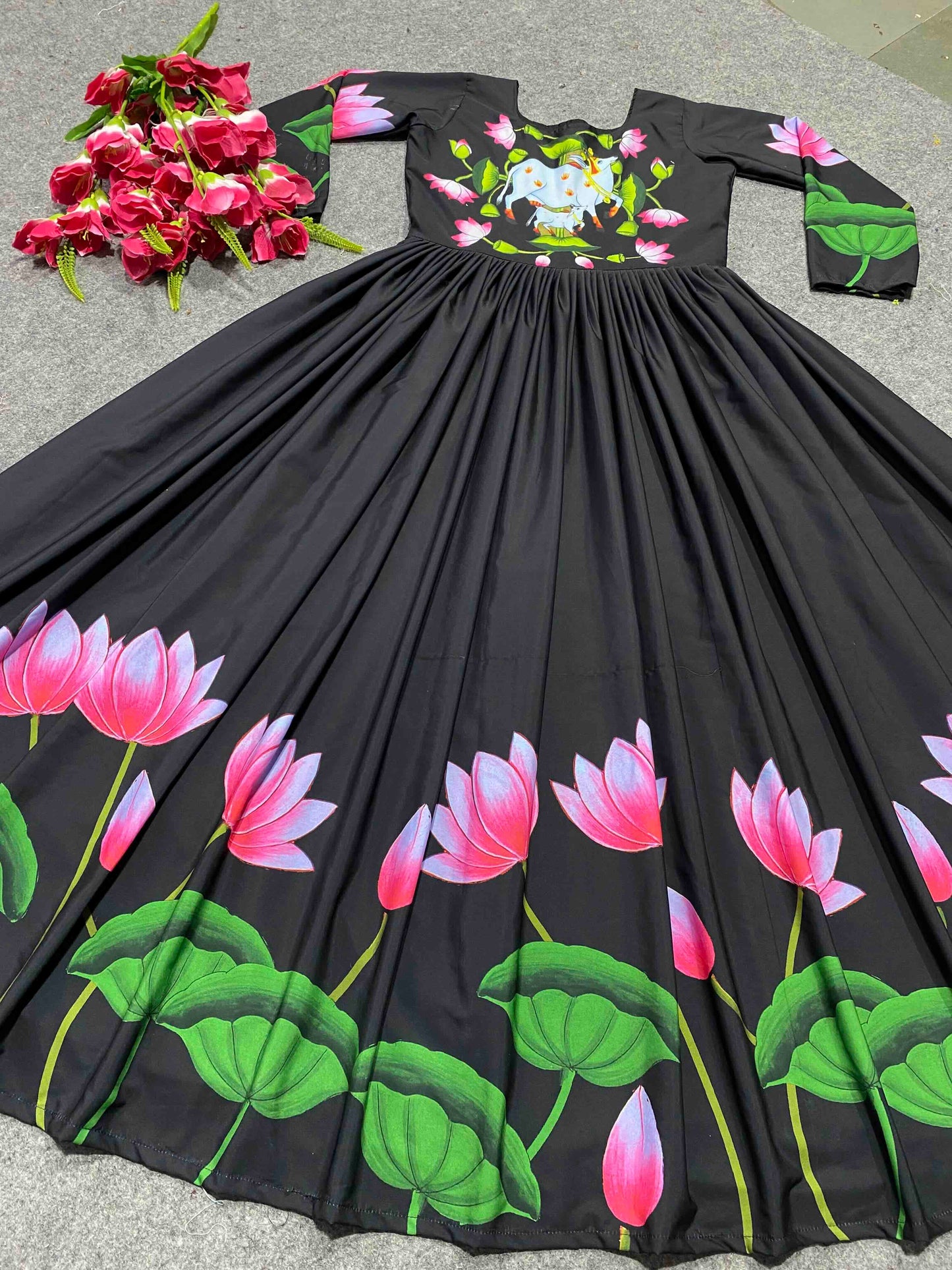 amazing blooming fox georgette digital print with pearl work gown set