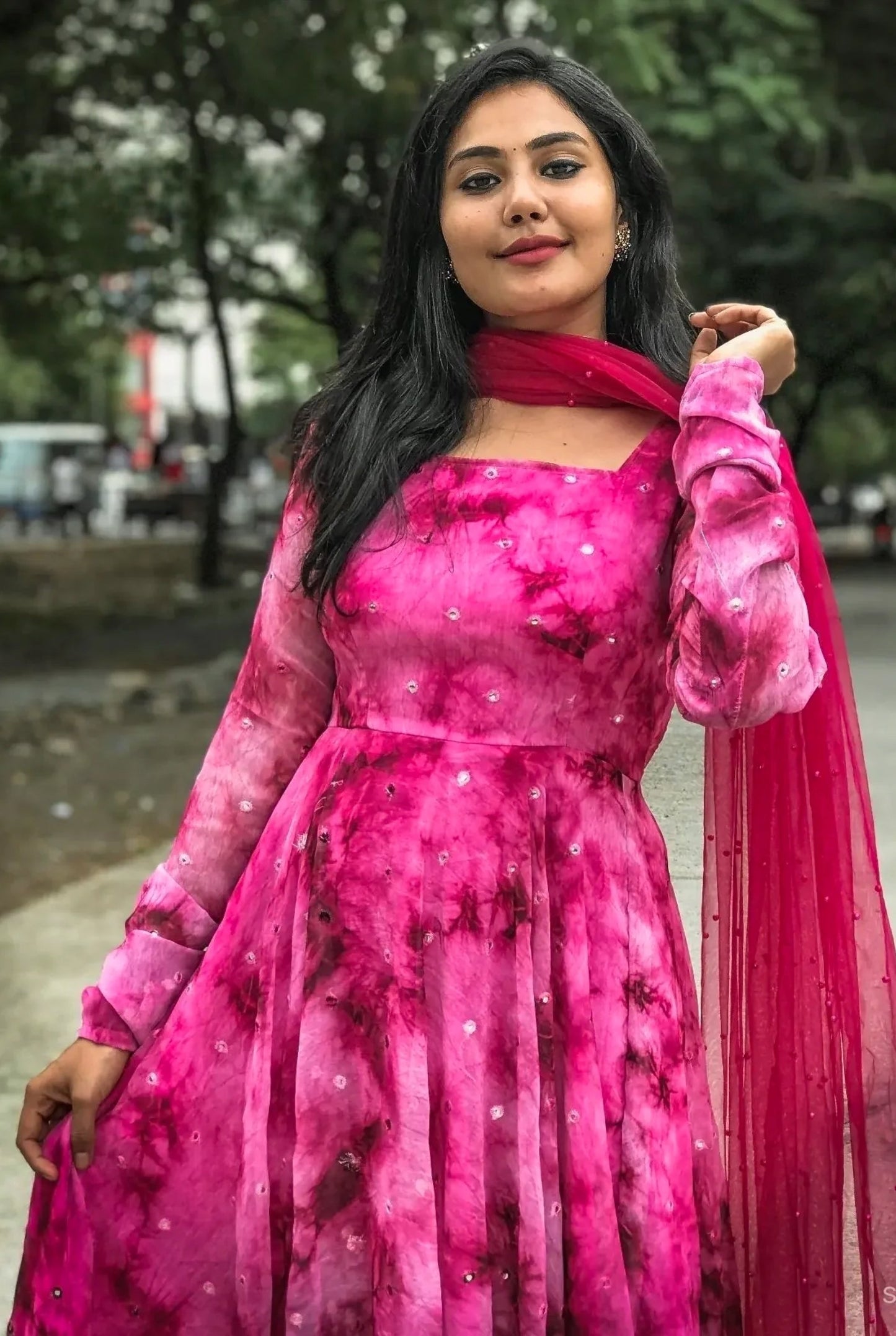 amazing pink blooming fox georgette digital print with pearl work gown set