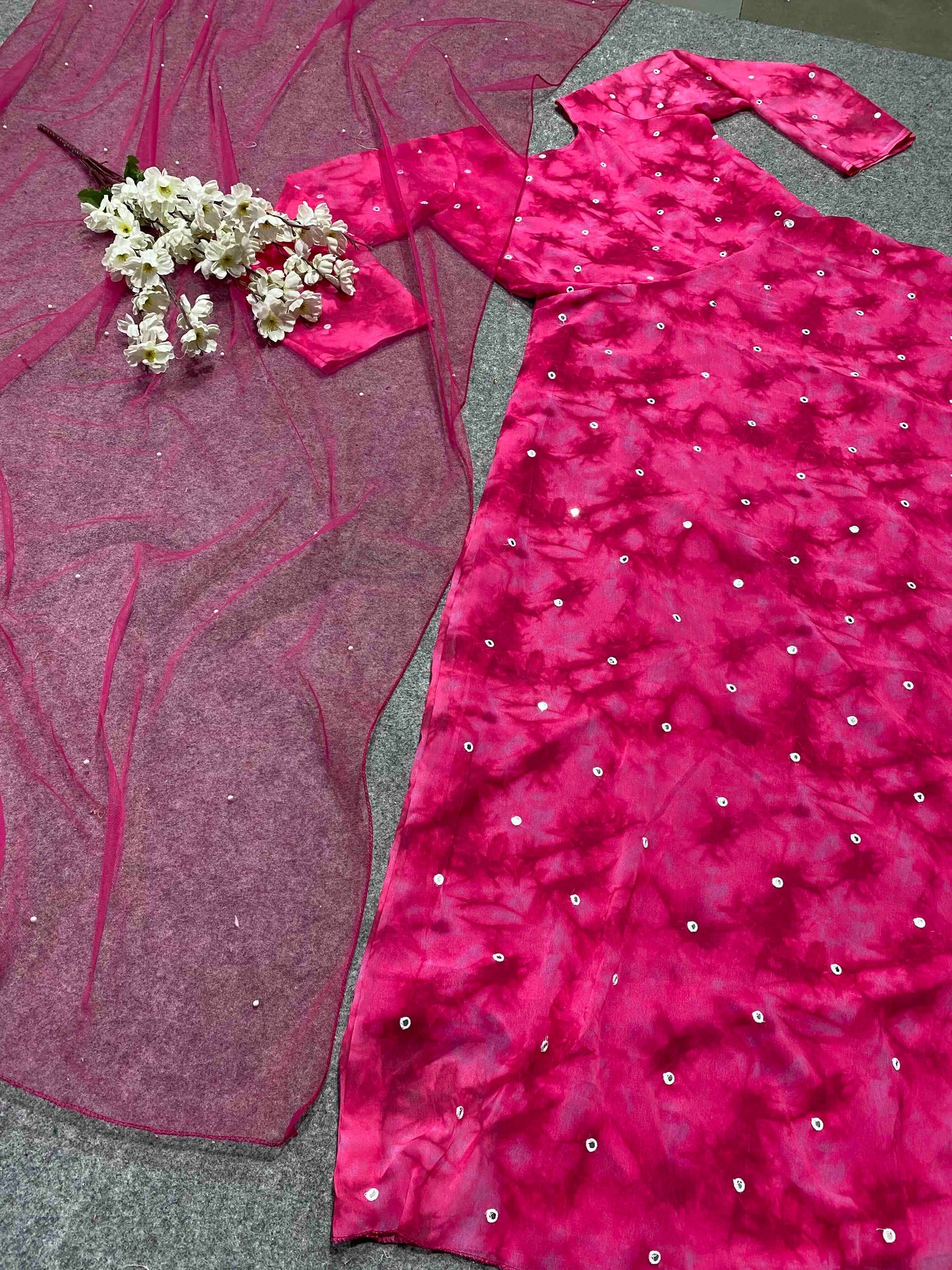 amazing pink blooming fox georgette digital print with pearl work gown set