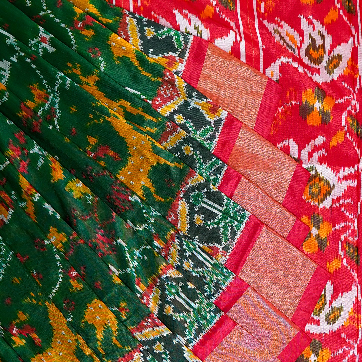 dark green patan patola saree with red accents – authentic double ikat silk weave