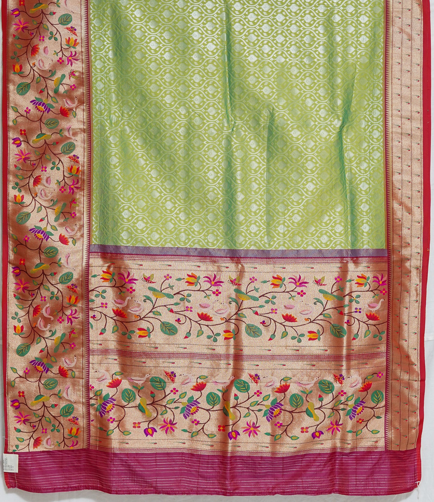 soft light green semi banaras saree with rich dark pink border – festive handloom saree