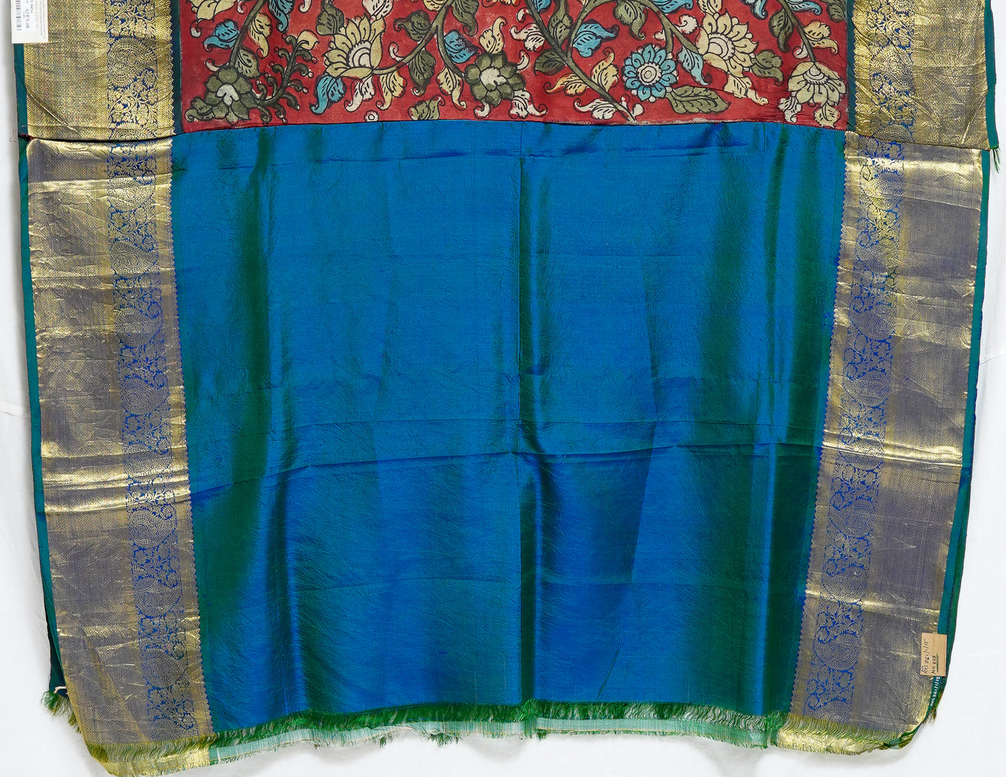 rajshree kalamkari saree – crimson red with peacock green border & golden zari highlights
