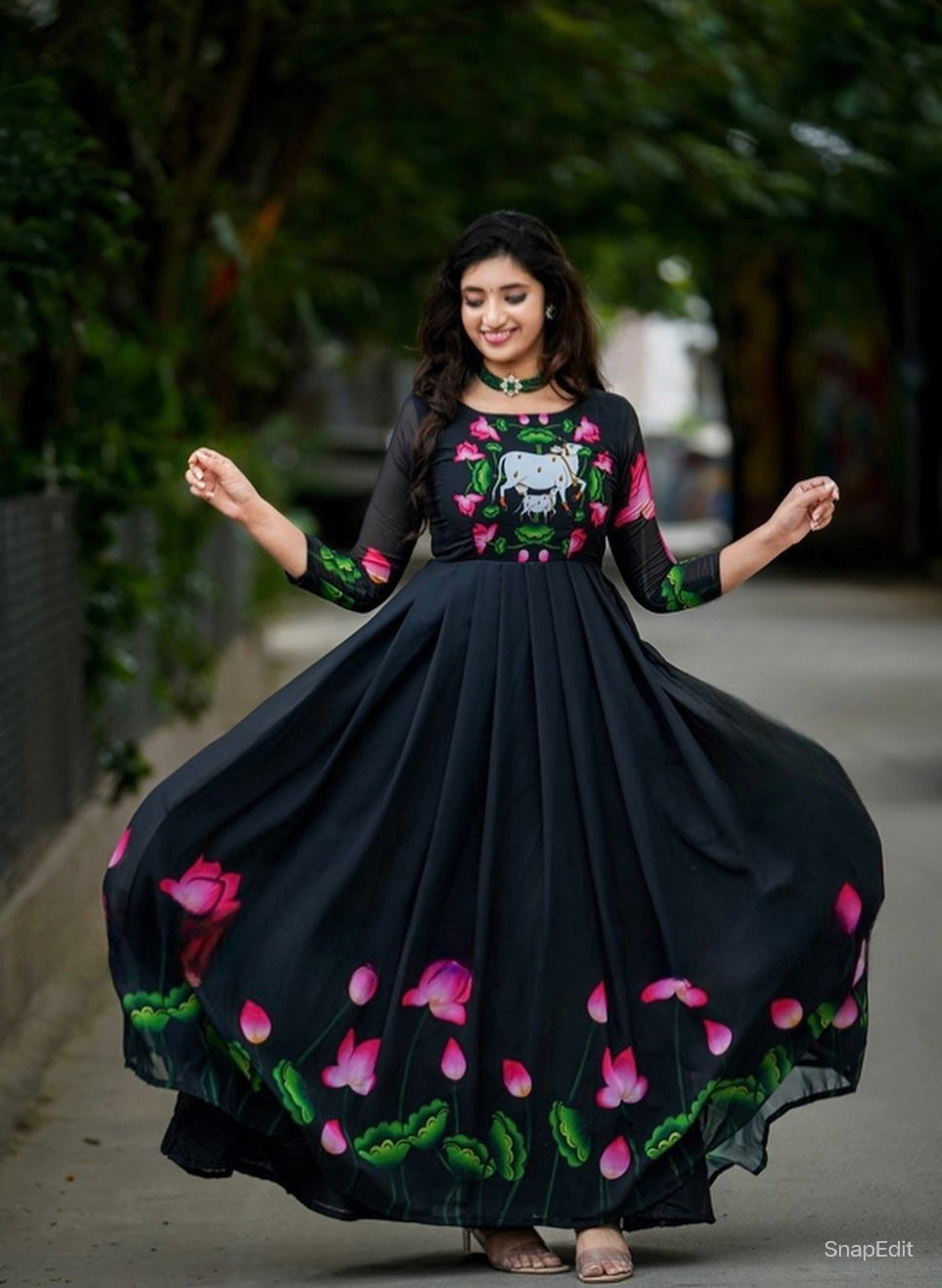 amazing blooming fox georgette digital print with pearl work gown set