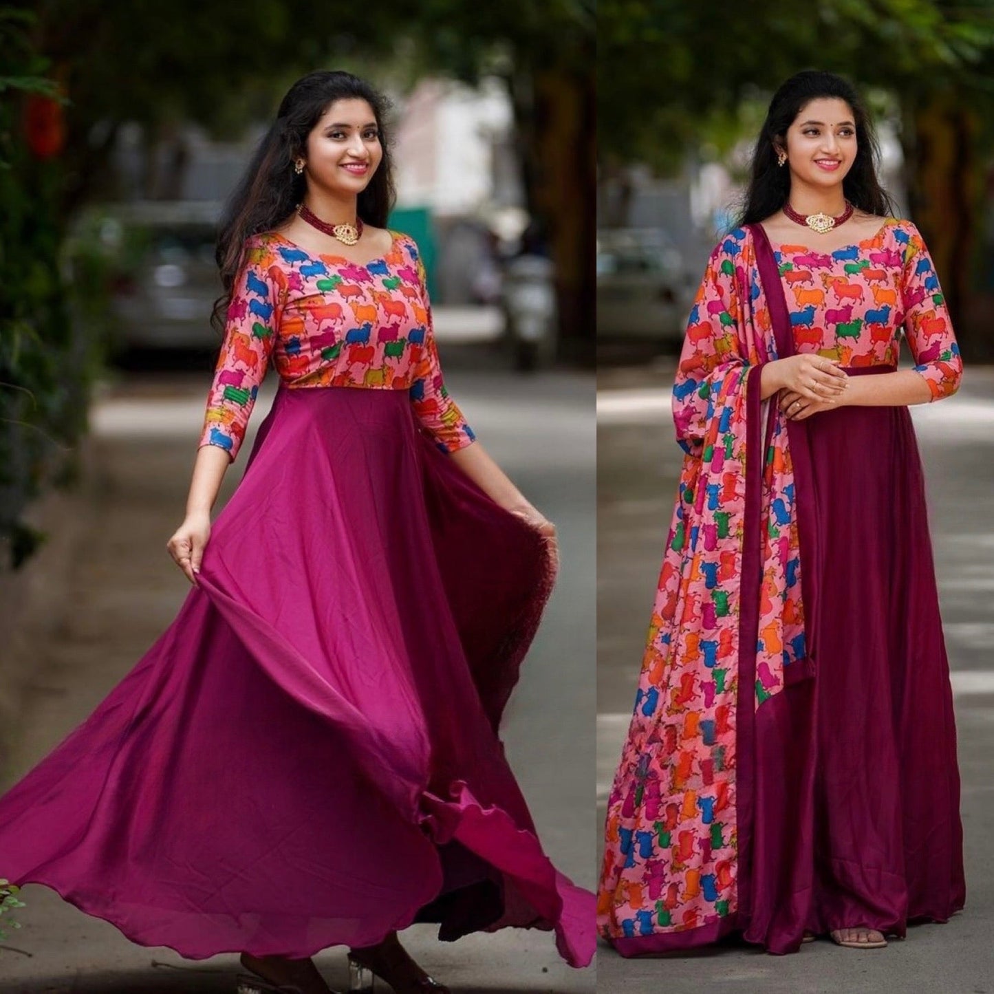 amazing wine colour blooming fox georgette digital print with pearl work gown set