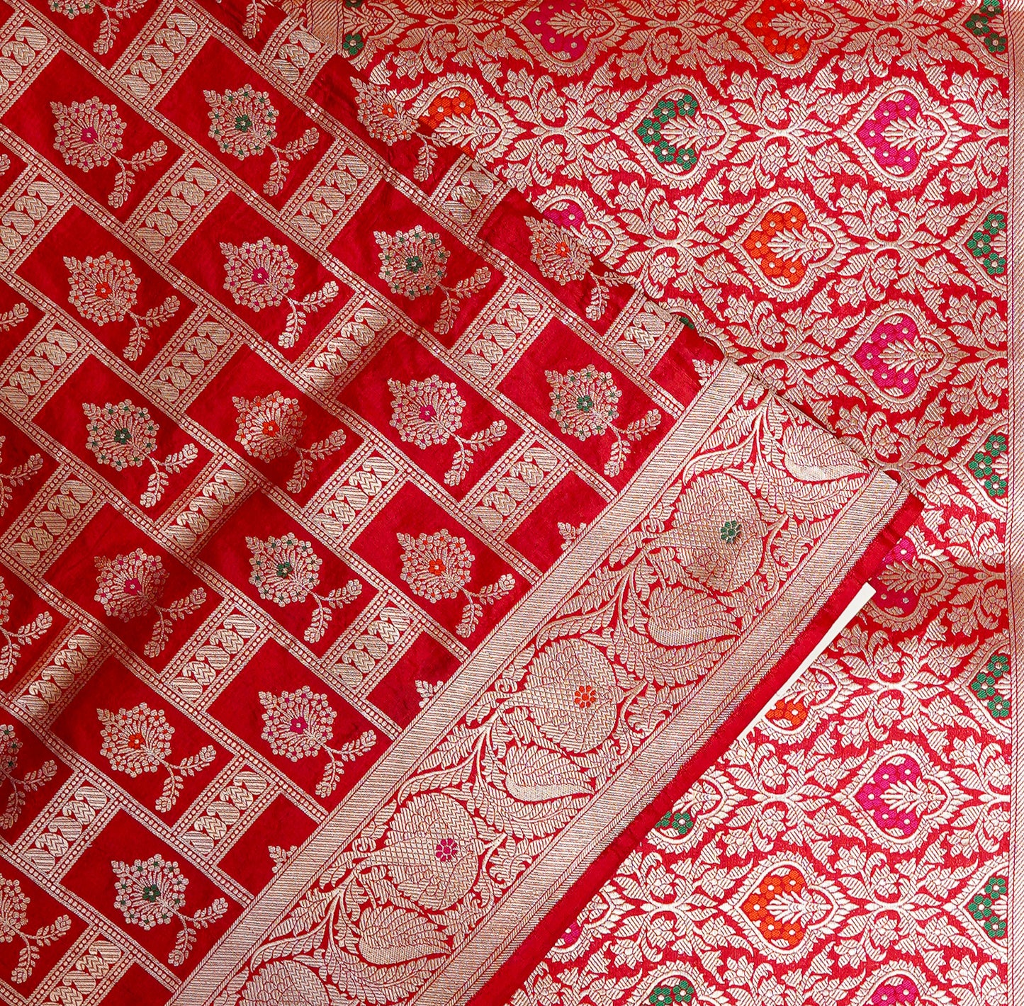 kavach red banarasi saree – classic crimson with lustrous copper zari