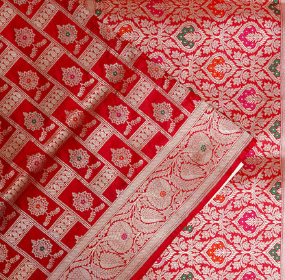 Kavach Red Banarasi Saree – Classic Crimson with Lustrous Copper Zari