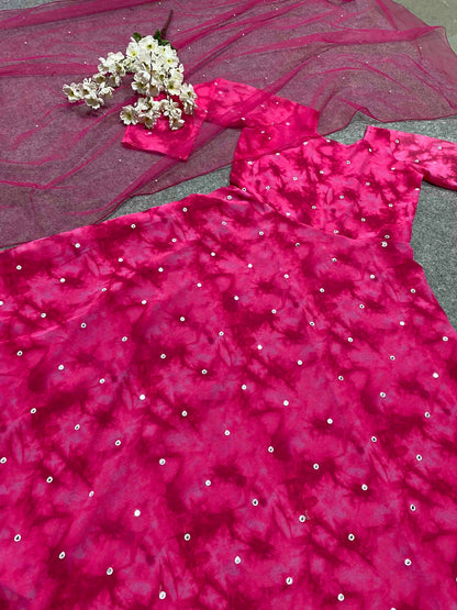 Amazing Pink Blooming Fox Georgette Digital Print With Pearl Work Gown Set