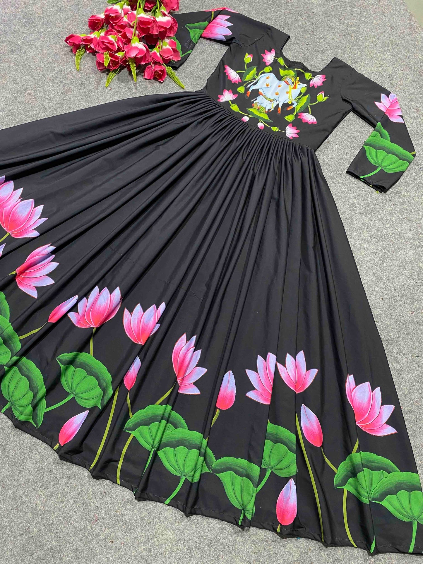 amazing blooming fox georgette digital print with pearl work gown set