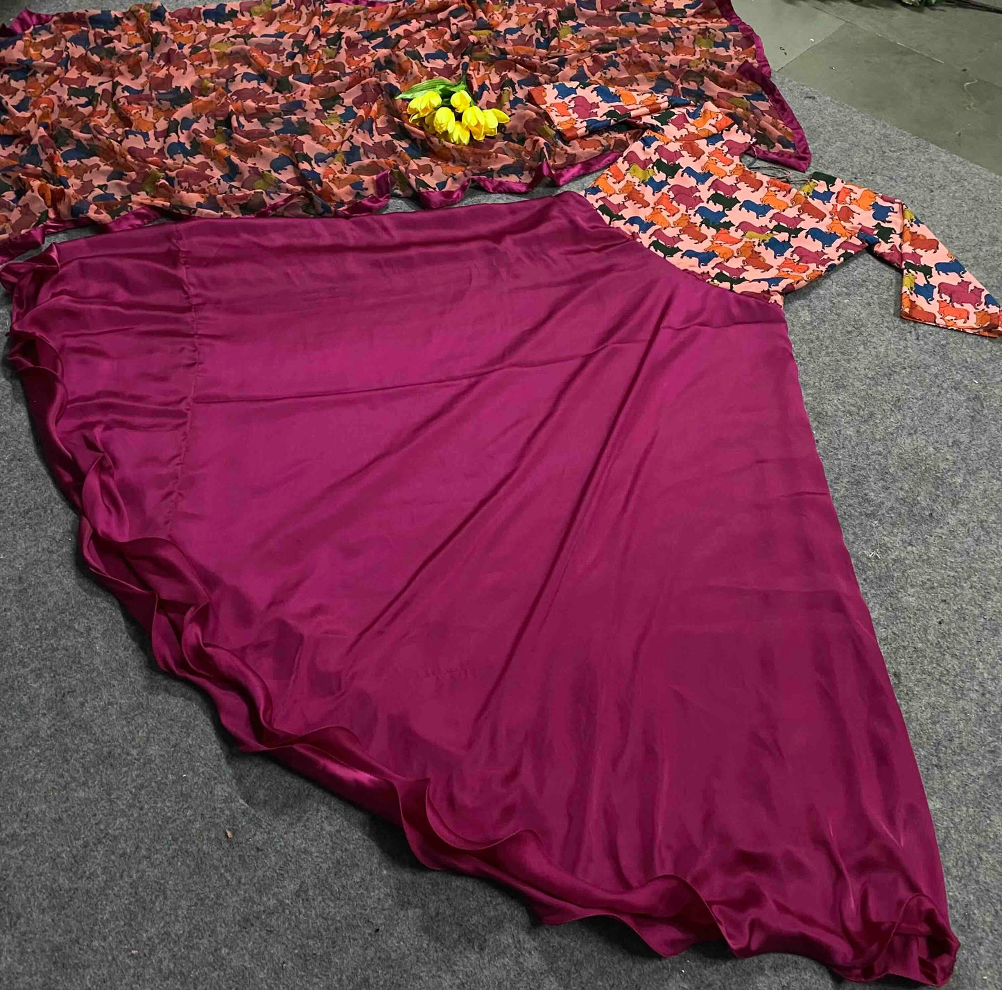 amazing wine colour blooming fox georgette digital print with pearl work gown set