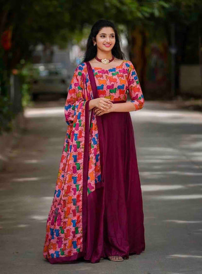 Amazing Wine Colour Blooming Fox Georgette Digital Print With Pearl Work Gown Set