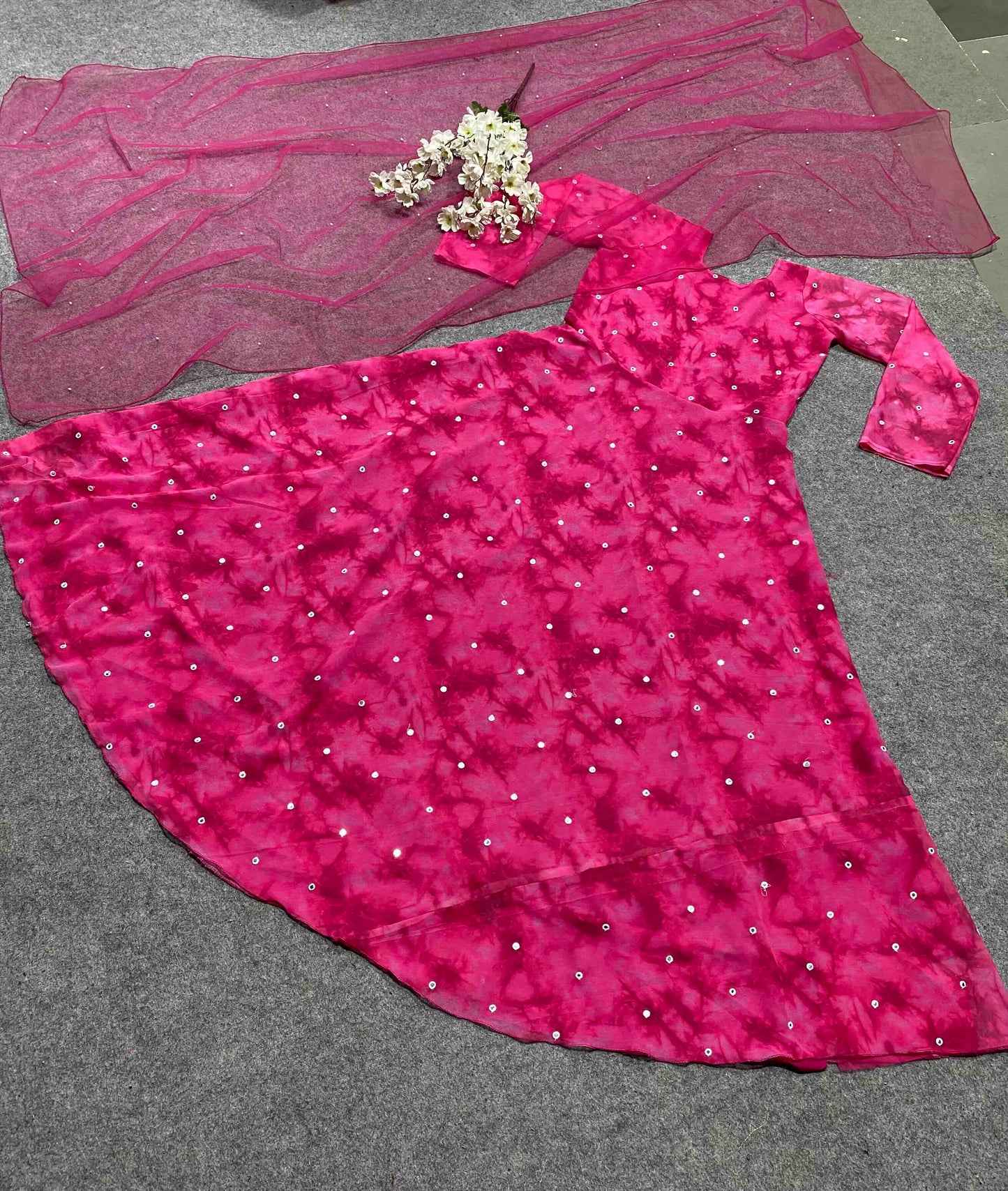 amazing pink blooming fox georgette digital print with pearl work gown set
