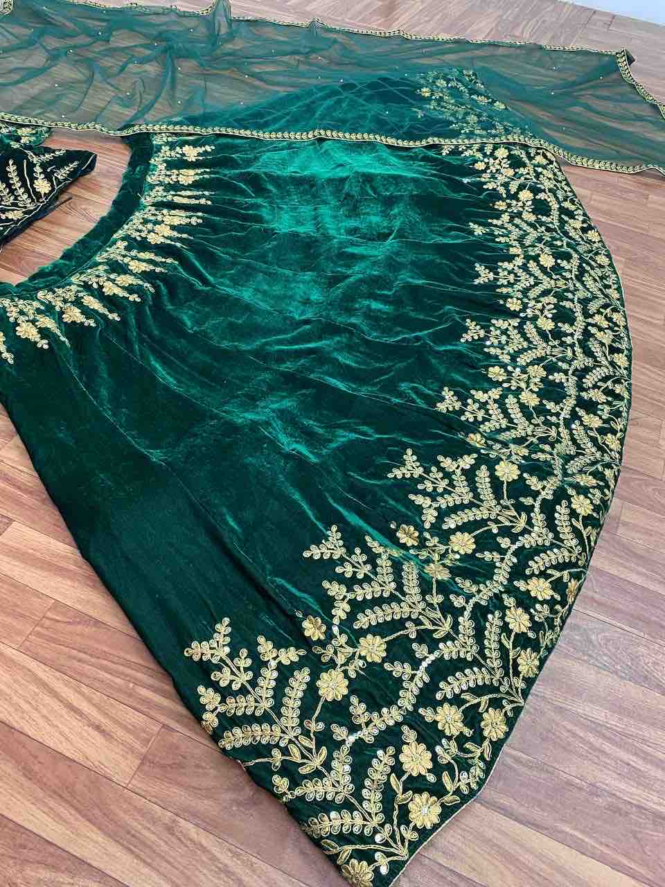 amazing green velvet colour embroidered attractive malay satin silk dulhan lehenga choli