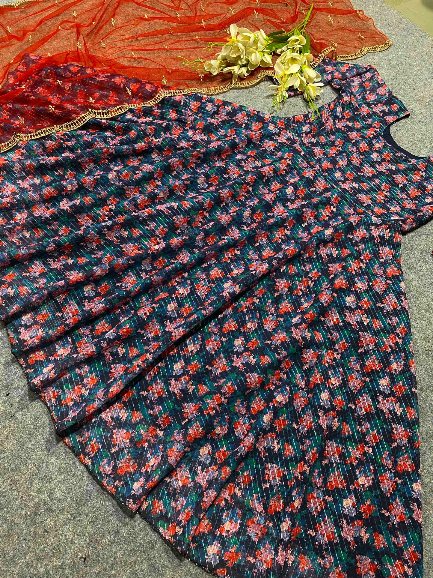 amazing multicolor embroidered attractive party wear silk dulhan gown