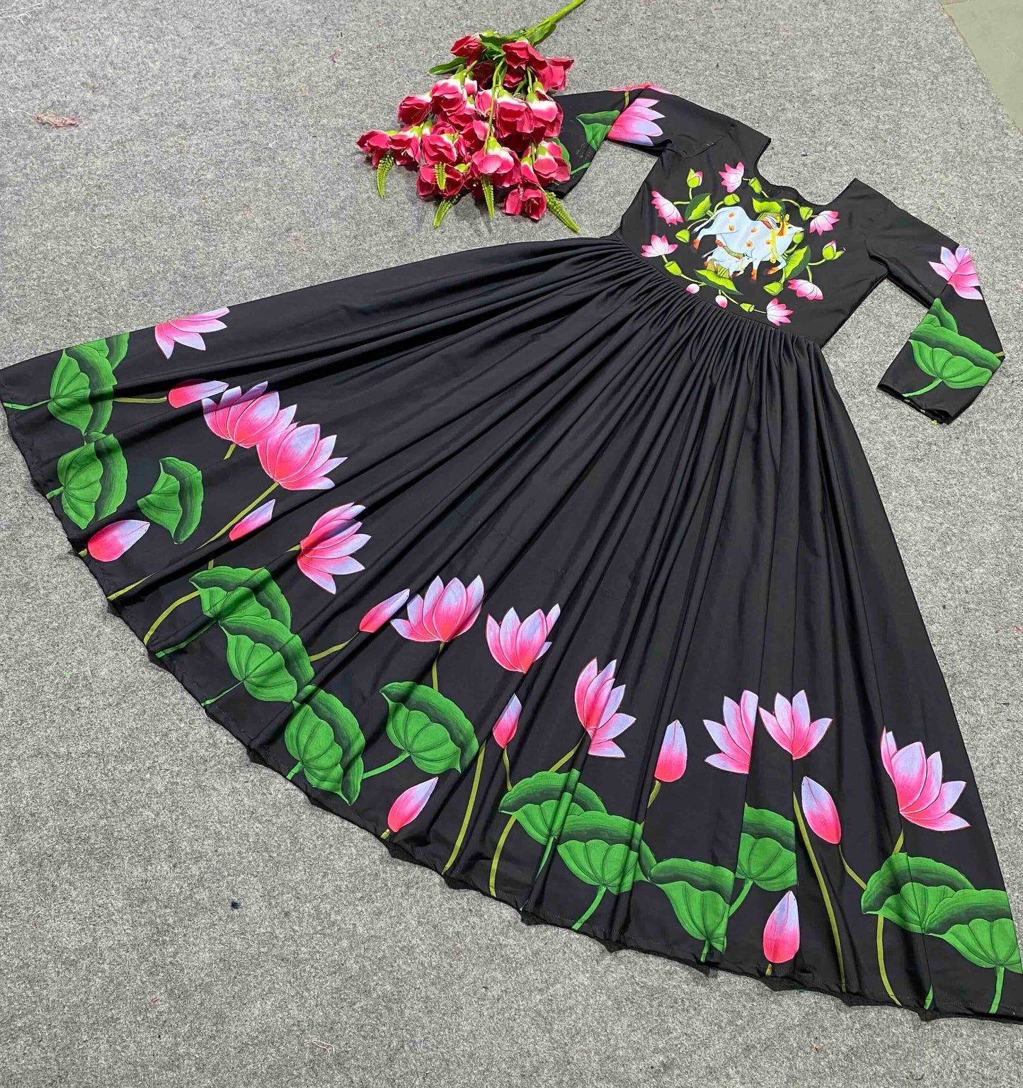 amazing blooming fox georgette digital print with pearl work gown set