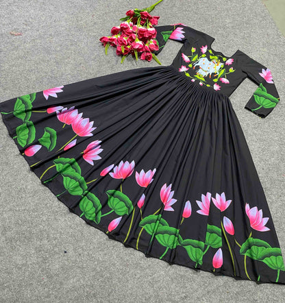 Amazing Blooming Fox Georgette Digital Print With Pearl Work Gown Set