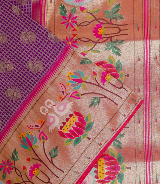Purple Semi Banaras Silk Saree with Copper Zari Border – Elegant Festive Wear