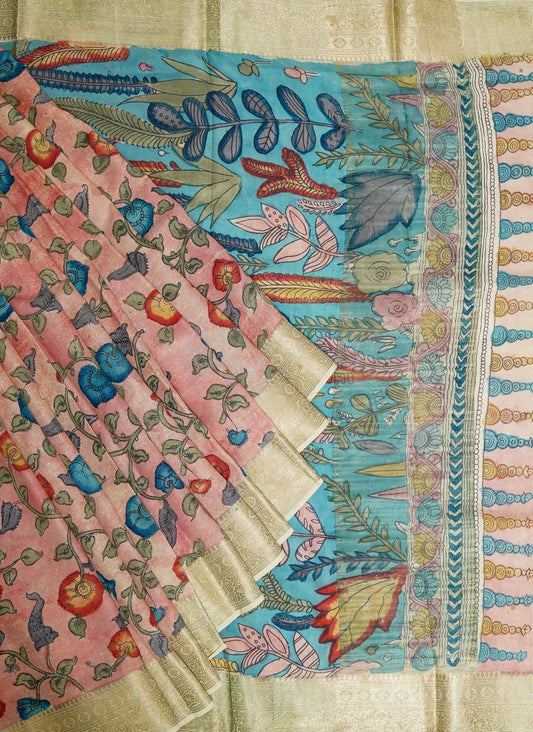 Neelika Kalamkari Saree – Soothing Sky Blue with Hand-Painted Artistry