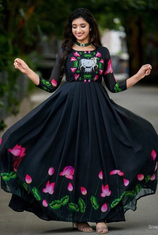 Amazing Blooming Fox Georgette Digital Print With Pearl Work Gown Set