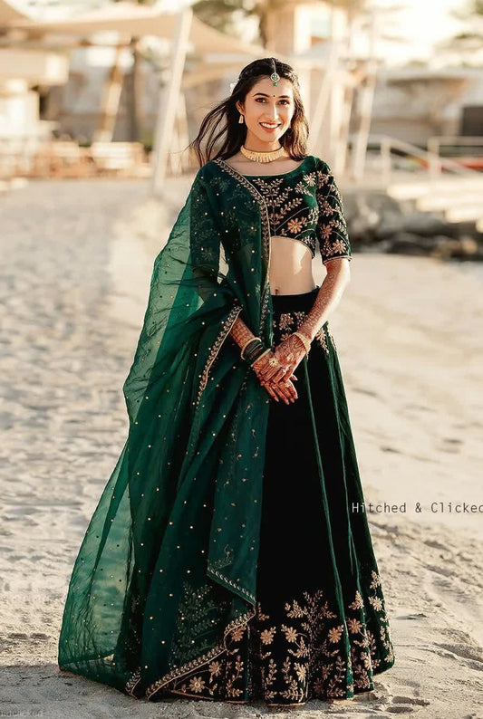 Amazing Green Velvet Colour Embroidered Attractive Malay Satin Silk Dulhan Lehenga Choli