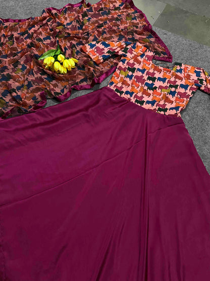 Amazing Wine Colour Blooming Fox Georgette Digital Print With Pearl Work Gown Set