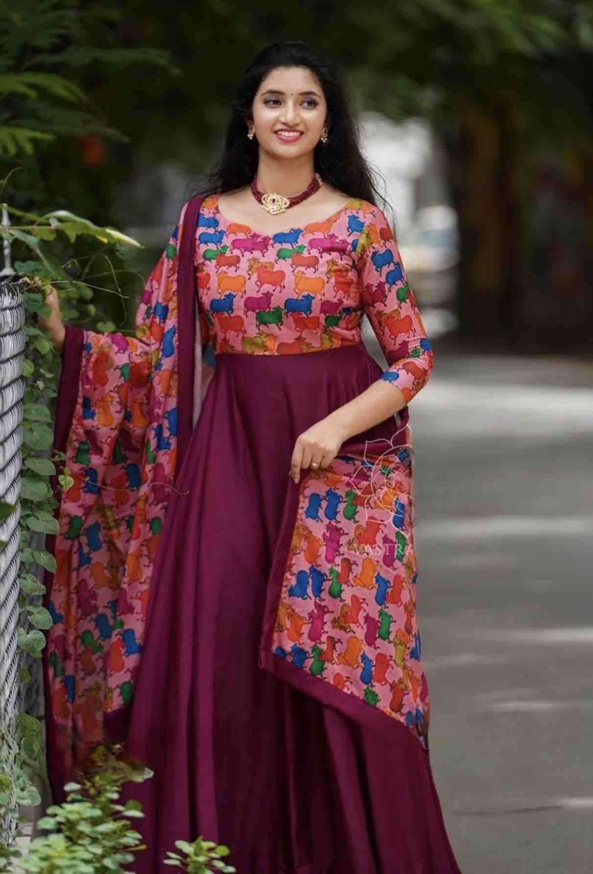 amazing wine colour blooming fox georgette digital print with pearl work gown set