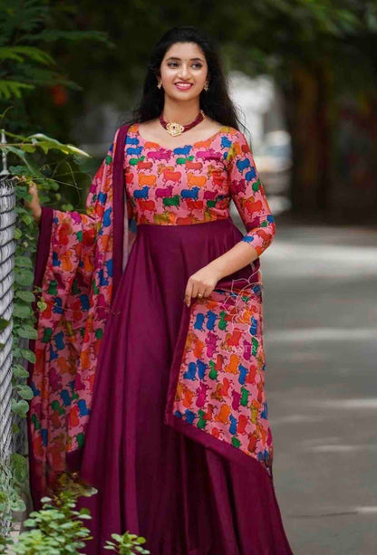 Amazing Wine Colour Blooming Fox Georgette Digital Print With Pearl Work Gown Set