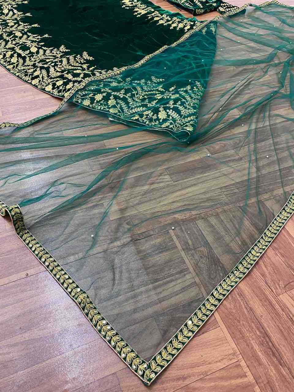 amazing green velvet colour embroidered attractive malay satin silk dulhan lehenga choli