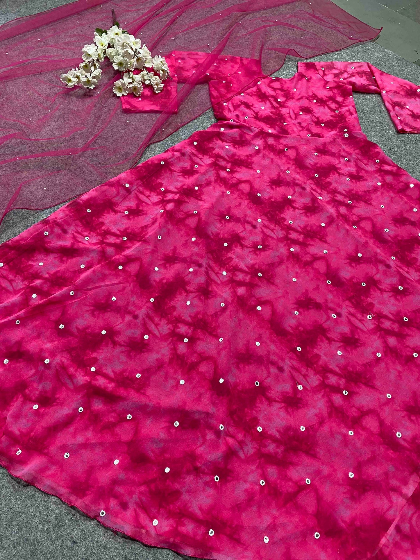 amazing pink blooming fox georgette digital print with pearl work gown set