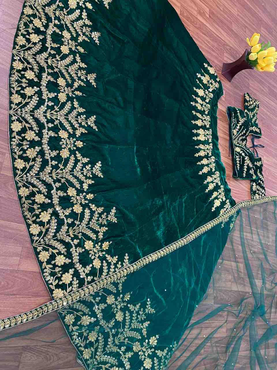 amazing green velvet colour embroidered attractive malay satin silk dulhan lehenga choli