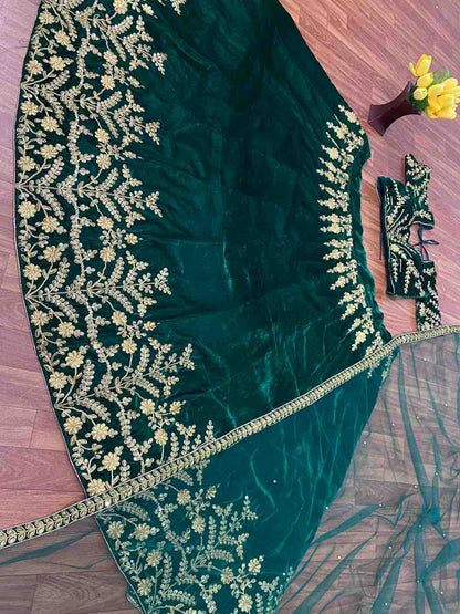Amazing Green Velvet Colour Embroidered Attractive Malay Satin Silk Dulhan Lehenga Choli
