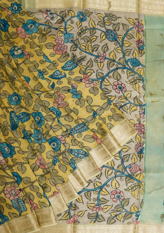 Lemon Bloom Kalamkari Saree – Handcrafted Art on Soft Yellow Fabric