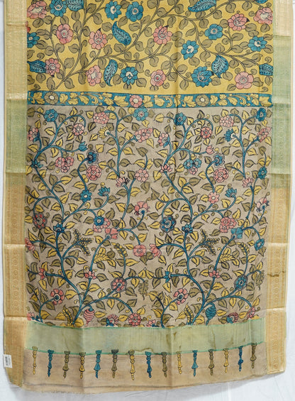 Lemon Bloom Kalamkari Saree – Handcrafted Art on Soft Yellow Fabric