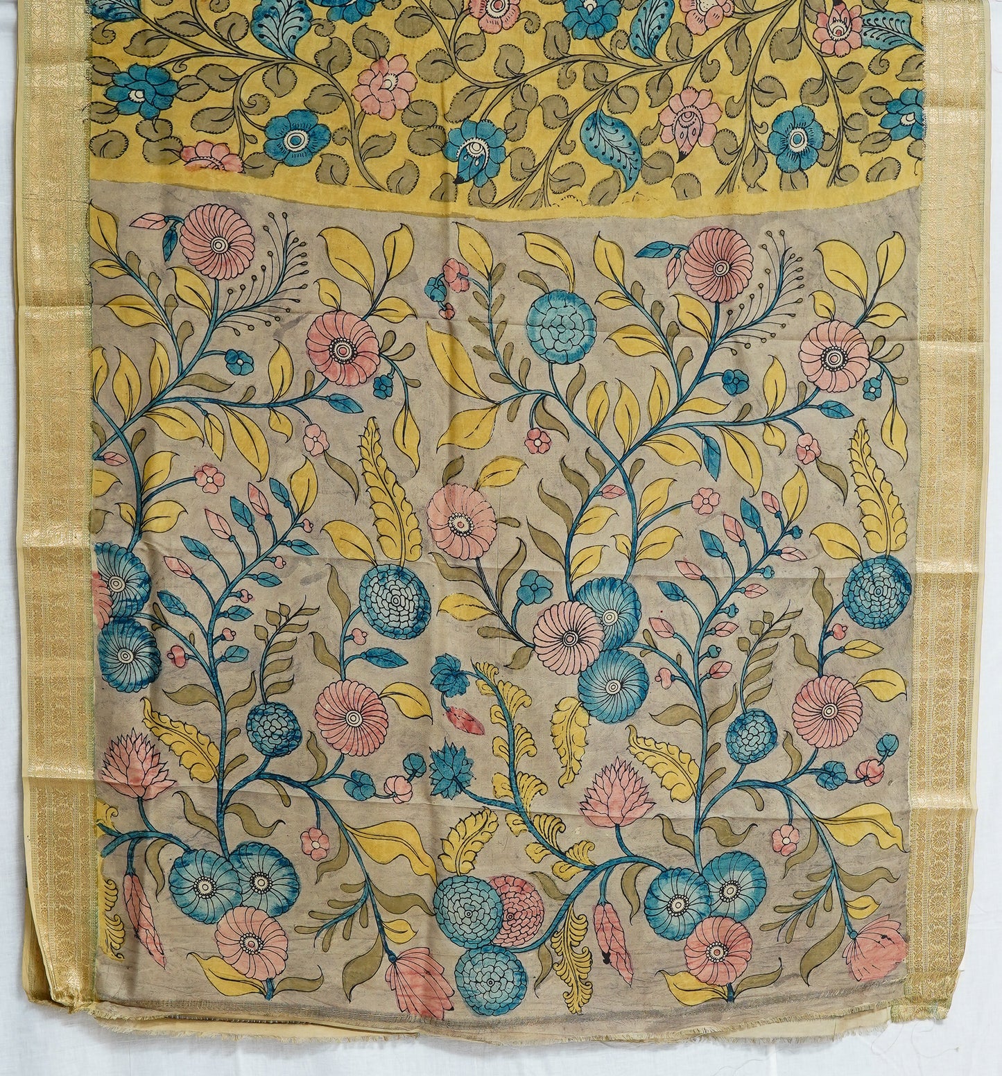 lemon bloom kalamkari saree – handcrafted art on soft yellow fabric