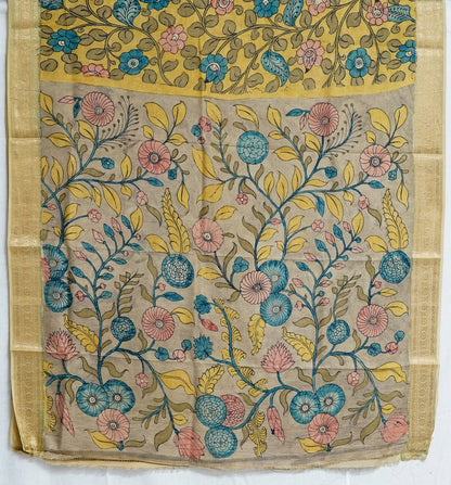 Lemon Bloom Kalamkari Saree – Handcrafted Art on Soft Yellow Fabric