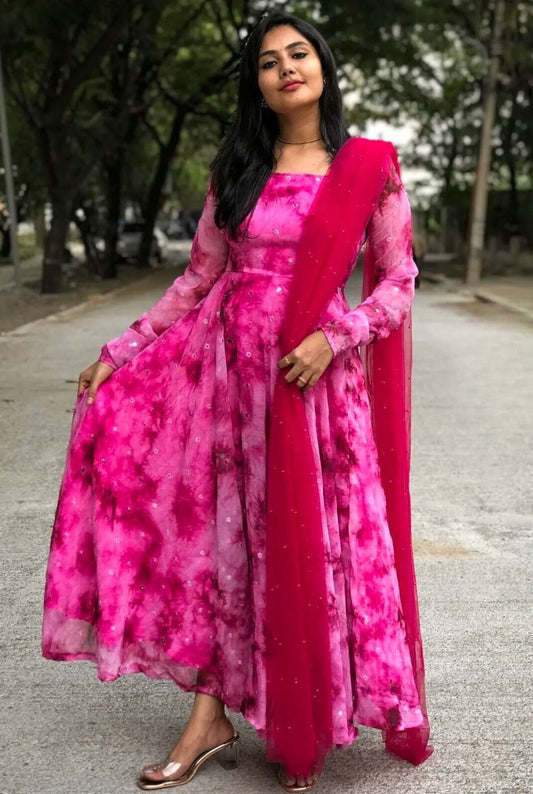 Amazing Pink Blooming Fox Georgette Digital Print With Pearl Work Gown Set