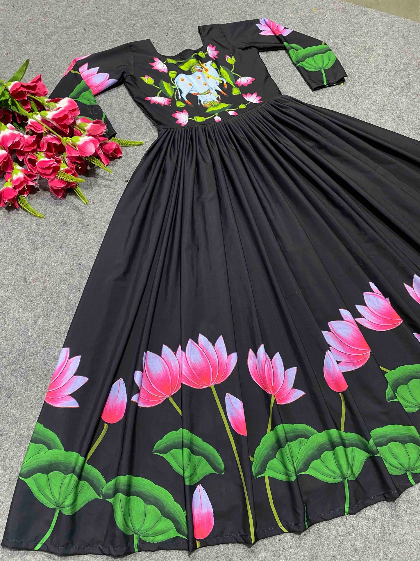 amazing blooming fox georgette digital print with pearl work gown set