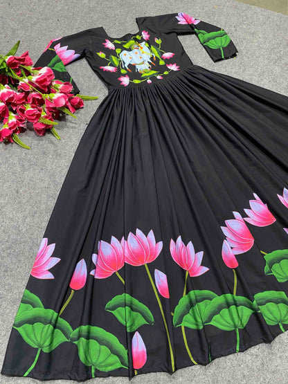 Amazing Blooming Fox Georgette Digital Print With Pearl Work Gown Set