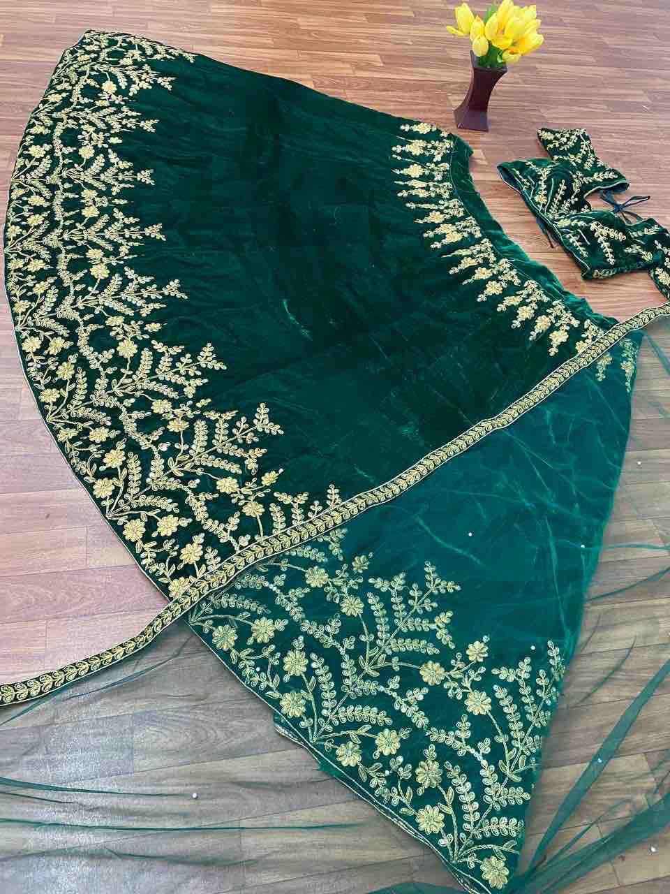 amazing green velvet colour embroidered attractive malay satin silk dulhan lehenga choli