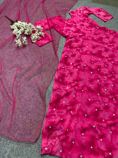 Amazing Pink Blooming Fox Georgette Digital Print With Pearl Work Gown Set