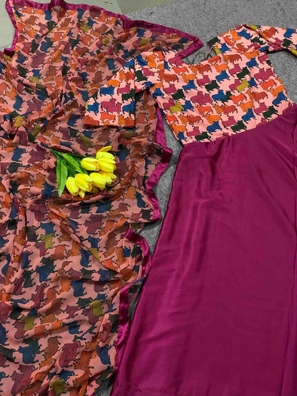 Amazing Wine Colour Blooming Fox Georgette Digital Print With Pearl Work Gown Set