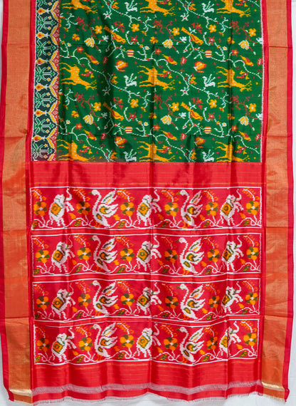 Dark Green Patan Patola Saree with Red Accents – Authentic Double Ikat Silk Weave