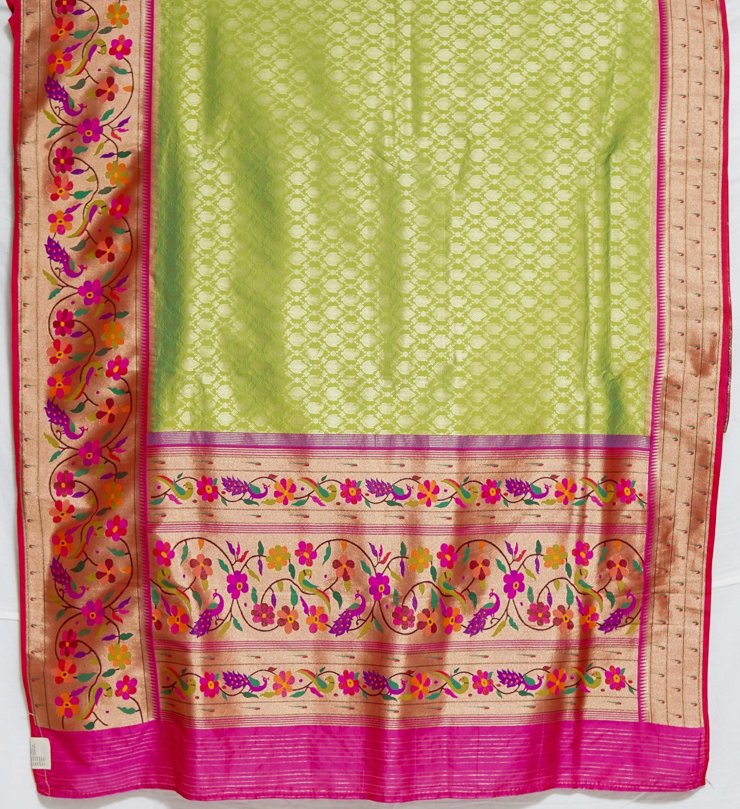 light parrot green semi banaras silk saree – elegant handloom weave by varapradha