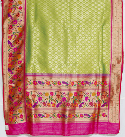 Light Parrot Green Semi Banaras Silk Saree – Elegant Handloom Weave by Varapradha