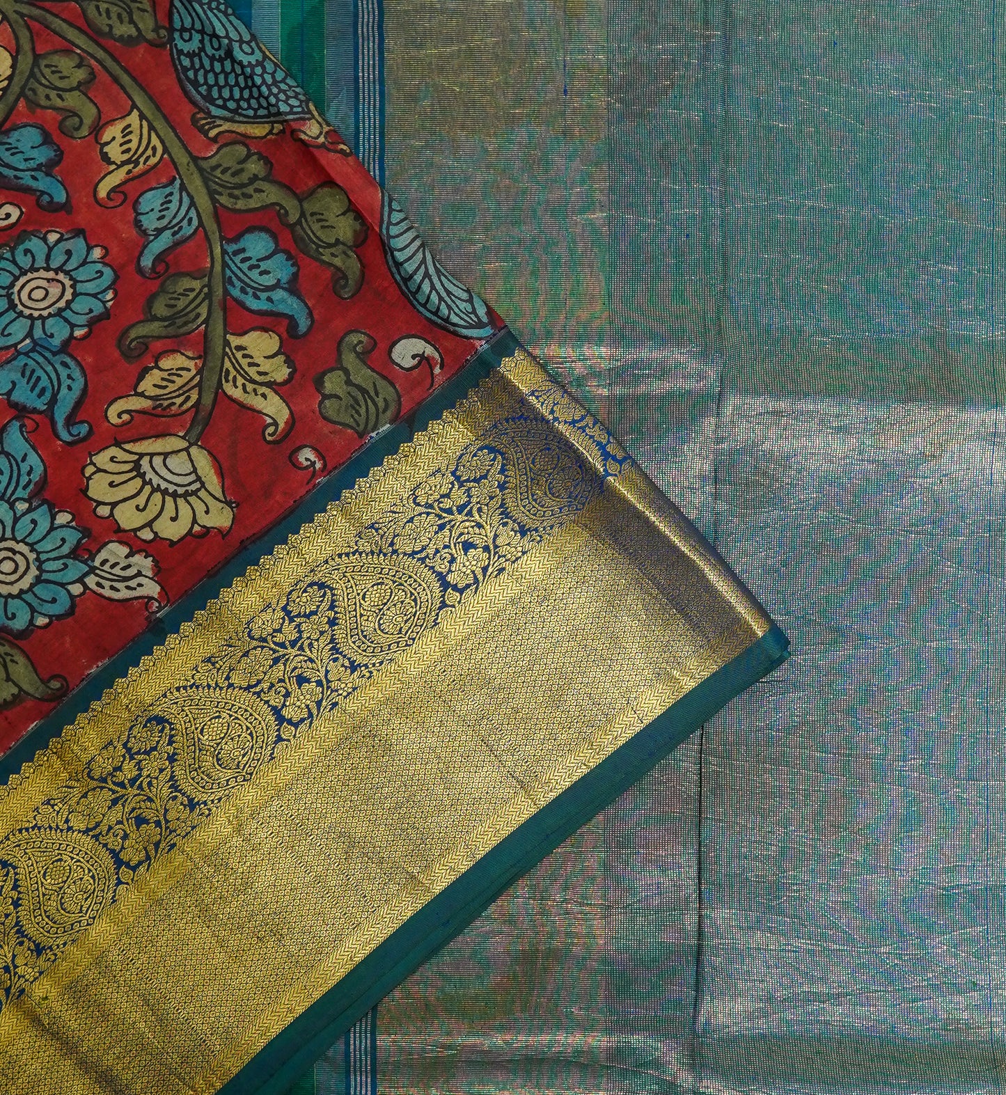 rajshree kalamkari saree – crimson red with peacock green border & golden zari highlights