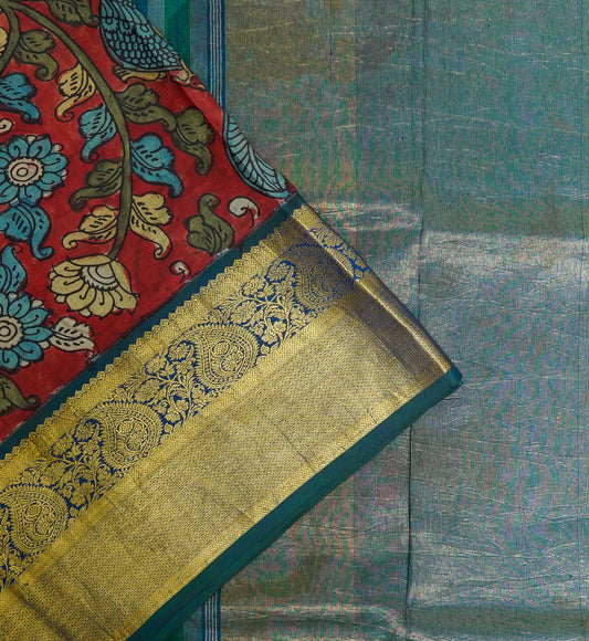 Rajshree Kalamkari Saree – Crimson Red with Peacock Green Border & Golden Zari Highlights