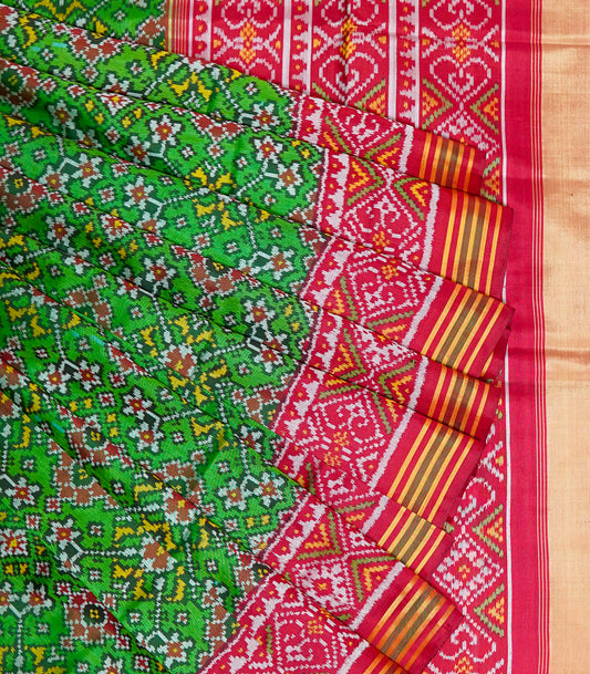 Light Green Patan Patola Saree with Red Border – Traditional Double Ikat Elegance