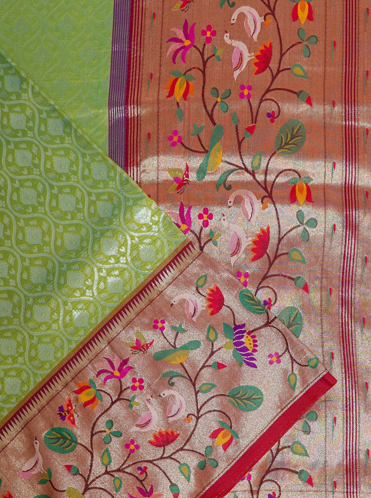 soft light green semi banaras saree with rich dark pink border – festive handloom saree