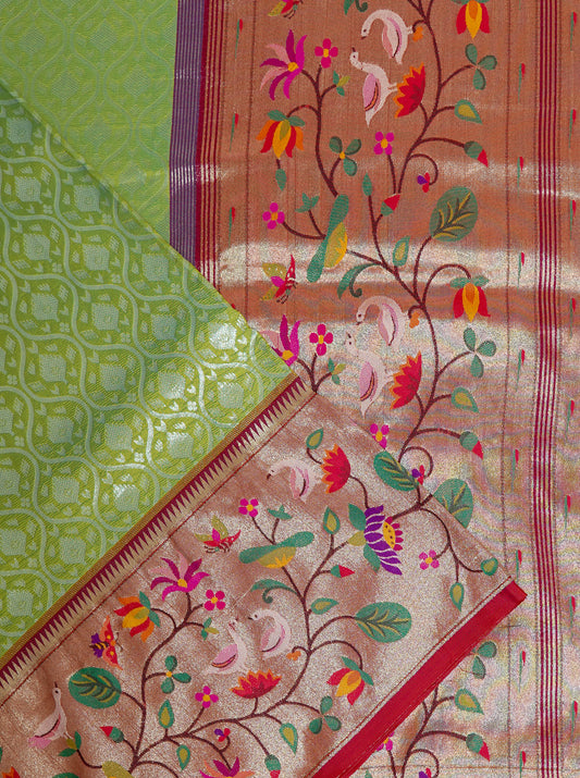 Soft Light Green Semi Banaras Saree with Rich Dark Pink Border – Festive Handloom Saree